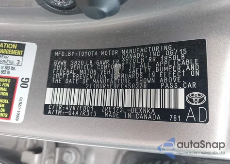 2015 Toyota Corolla Le from USA, damaged, VIN 2T1BURHE9FC458278